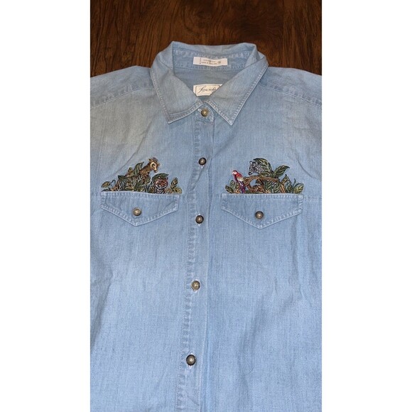 Vintage foxcroft denim/ chambray button with safari embroidery zoo denim animals - Picture 4 of 7